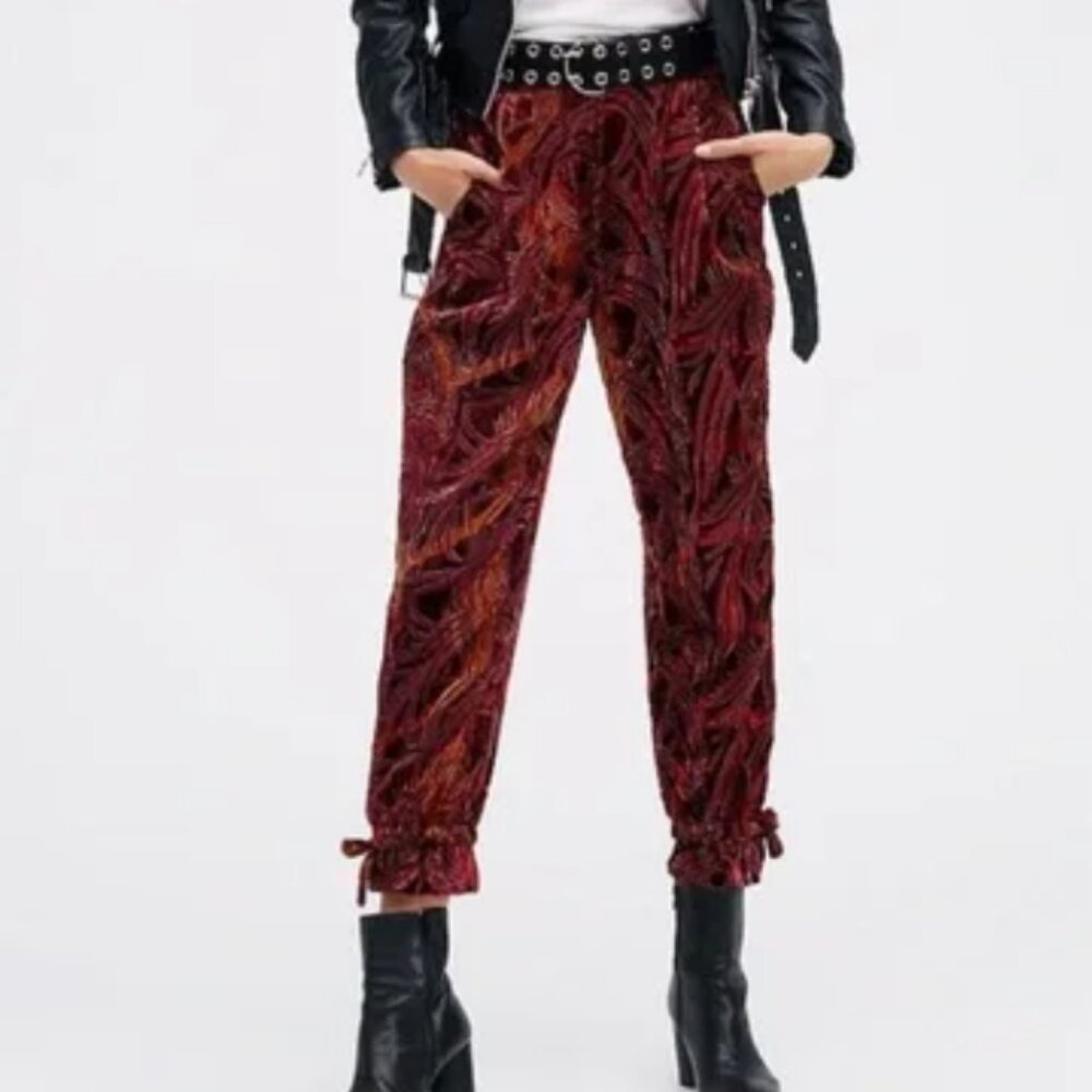 Free People Velvet Abstract Burgundy Orange Pants. S
